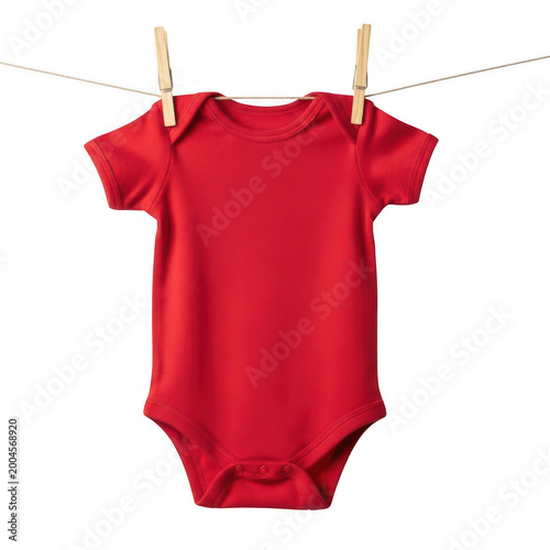 Red Cotton Baby Bodysuit Hanging on Clothesline with Wooden Pins Isolated on Transparent Background, Ideal for Infant Fashion Mockups and Newborn Apparel Product Showcase.