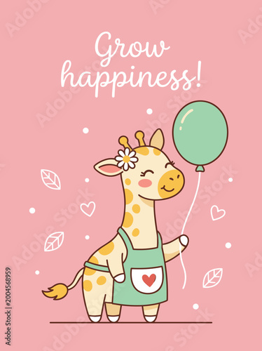 Cute Giraffe Vector Illustration, Grow Happiness Poster Design, Animal Character with Balloon, Nursery Wall Art, Children Greeting Card on Pink