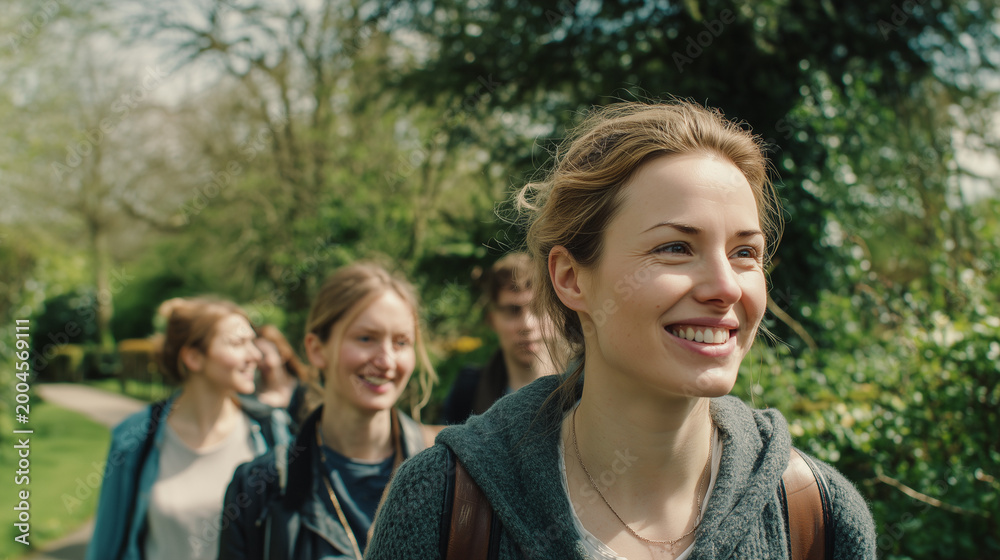 Naklejka premium Cheerful Group of Friends Walking in Sunny UK Park Spring Lifestyle