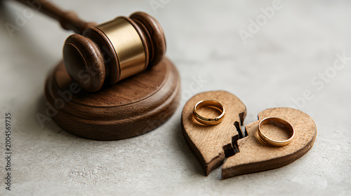 Judge Gavel with Broken Heart and Wedding Rings