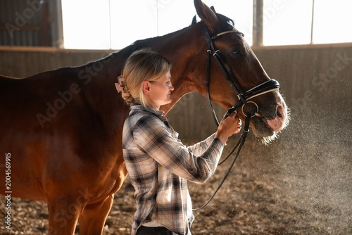 Fotografija Young woman adjusting bridle on brown horse in indoor arena