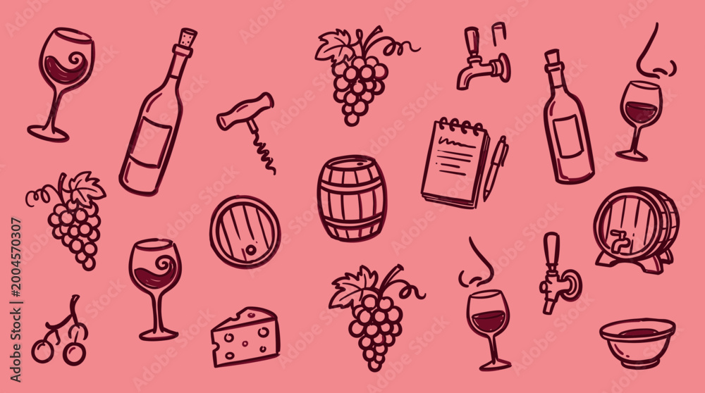 Fototapeta premium Hand drawn doodle illustration of wine tasting elements including bottles glasses grapes cheese barrel and corkscrew on pink background