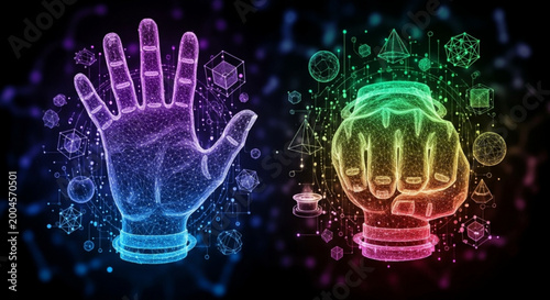 Vibrant holographic hands gesture with symbols floating around them in space.