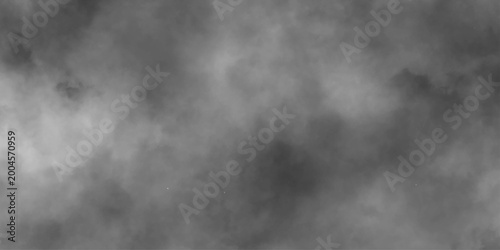 Fotografia Abstract white puffs of smoke swirls overlay on black fog background pollution, perfect for adding depth and  digital and creative designs, empty space studio dark room with white spot lighting