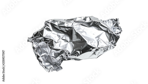 Crumpled, reflective silver metal foil with complex folds against a black background