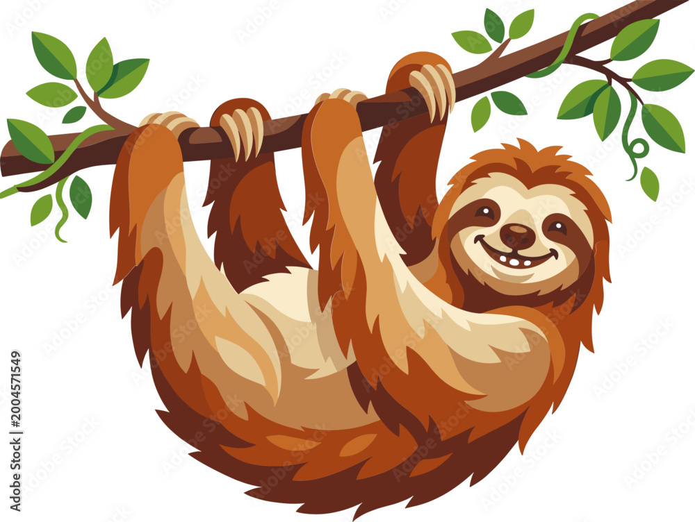 Fototapeta premium Happy sloth hanging upside down from a tropical tree branch