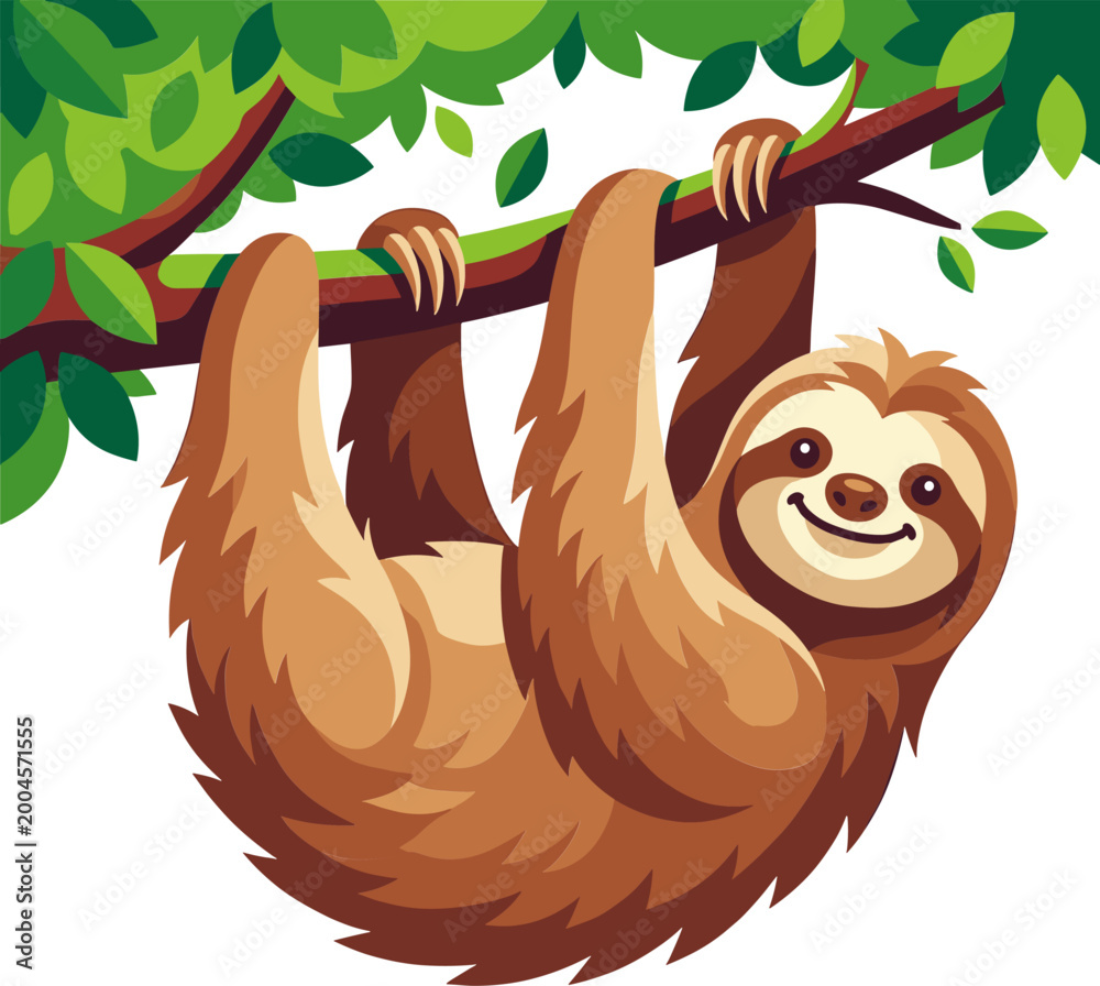Naklejka premium Happy sloth hanging from tree branch with green leaves