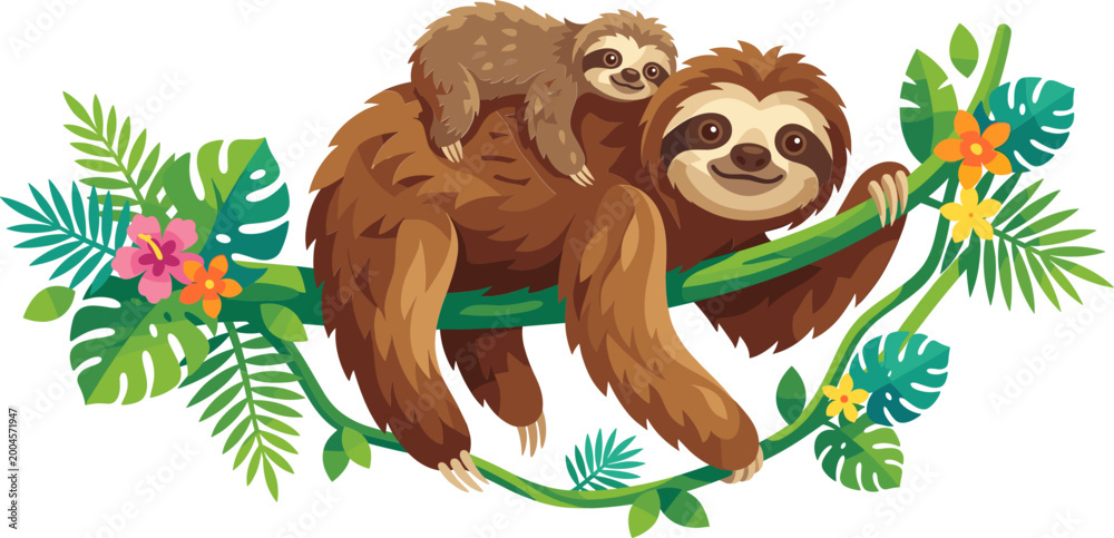 Naklejka premium Mother sloth carrying baby while climbing jungle vine