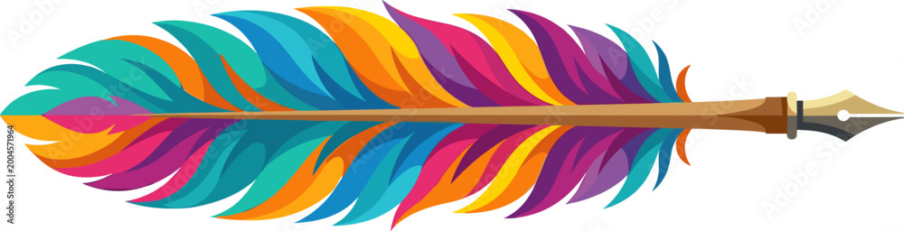 Fototapeta premium Multicolored feather quill pen with a golden writing nib