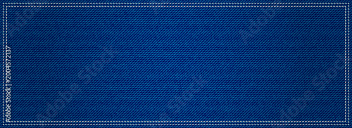 Blue denim fabric texture background, framed by rectangular dashed stitching border for banners or labels
