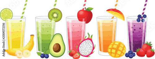 Billede på lærred Fresh fruit smoothie drinks set with colorful tropical juices vector illustratio