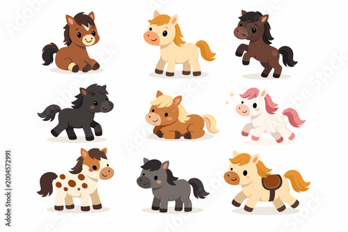 Adorable cute horse cartoon collection vector illustration featuring various pony characters in different poses like running, sitting, and standing. Ideal for kids' designs and farm animal sets.