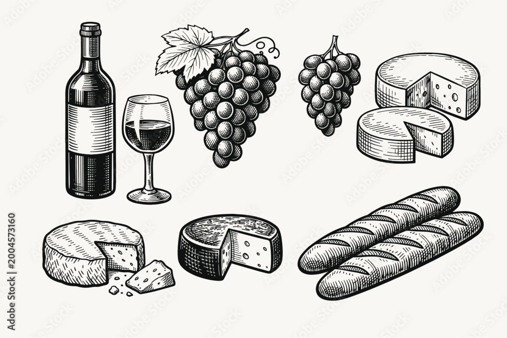 Fototapeta premium Hand-Drawn Vintage Engraving Style Collection of Wine Bottle, Glass, Grapes, Cheese Wheels, and Baguette Bread. Elegant Woodcut Illustration Set for Winery, Restaurant Menu, and Food Packaging.