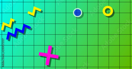 Memphis style noen themed nostalgic retro-themed accent shapes bg. Random geometric shapes moving grid 90s styled modern touch. Minimal pattern abstract movement. Choatic VCR pixelated.