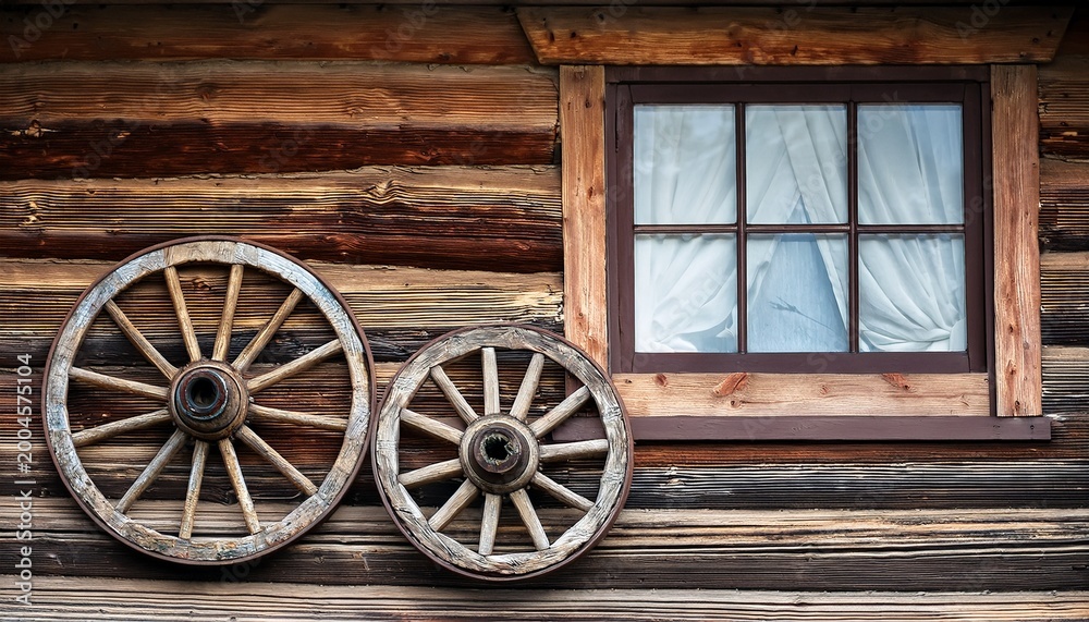 Obraz premium two old wagon wheels are mounted on a wooden wall beside a small window the wood exhibits a rich weathered texture and rustic charm