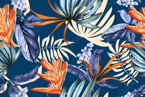 Quadro su tela Seamless pattern of blooming flower painted in watercolor