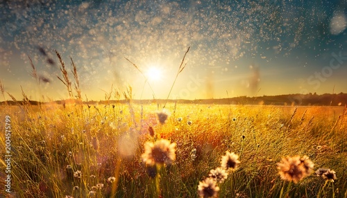 golden field with pollen and grass in sun pollen floats in the air causing allergy agriculture crops grass and allergen particles in landscape spring meadow nature floral hay fever risk