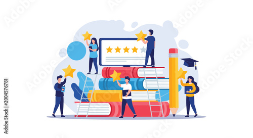 Team of people giving star ratings to academic books and educational content for quality assessment in study.