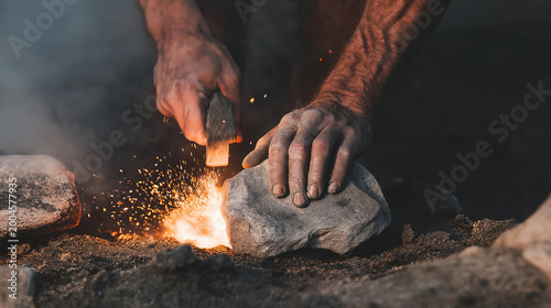 Close up of primal hands creating fire with striking tools and glowing embers, illustrating ancient survival skill