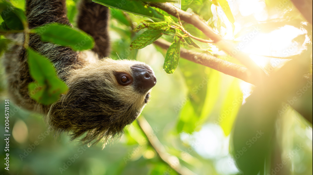 Fototapeta premium Sloth hanging relaxed from a tropical tree branch. Close up on its face looking into the vibrant natural forest environment