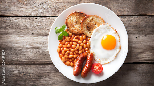 Classic English breakfast with fried eggs, sausage, beans, and toast, presented on rustic wood, ideal for food blogs.