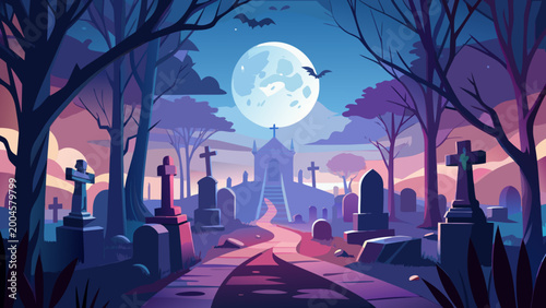 Foto Halloween cemetery, spooky graveyard, moonlit landscape, vector illustration