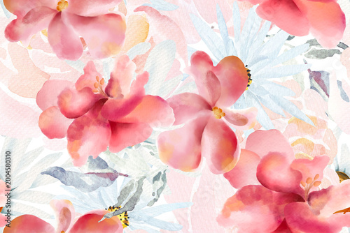 Canvastavla Seamless pattern of rose and blooming flowers painted in watercolor on abstract background