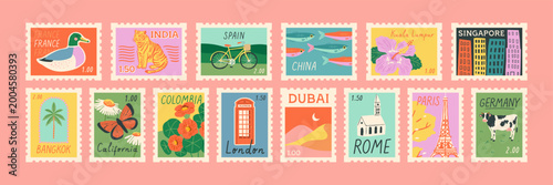 Bilde på lerret Set of vintage world travel post card stamp illustration