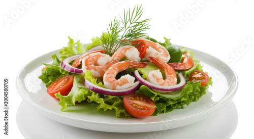 Fresh shrimp salad with red onion, cherry tomatoes, and dill on a white plate isolated on white