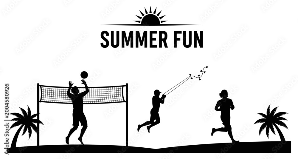 Obraz premium Summer beach activities with volleyball kite flying and running silhouettes during sunny day vector