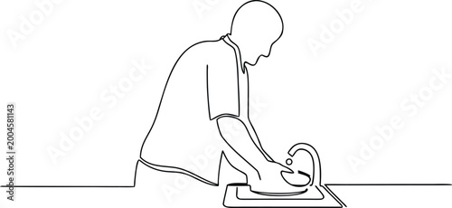 Foto Continuous line drawing of man washing dishes in kitchen sink for household chores routine