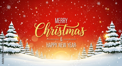 Festive 'merry christmas' greeting with snow covered trees and sparkling red background