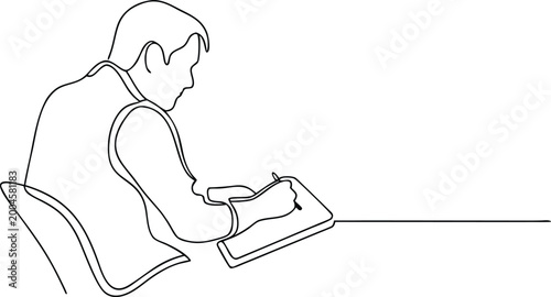 Continuous line drawing of man writing on a clipboard, business professional concentration work.