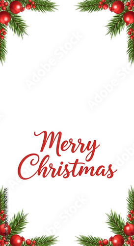 Festive merry christmas background with holly berries and evergreen branches