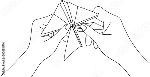 Hands folding paper creating origami in simple line art.