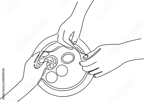 Εκτύπωση καμβά Hands sharing food in close up line art sketch.