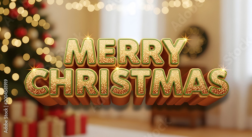 Festive 'merry christmas' gold text with blurred holiday background