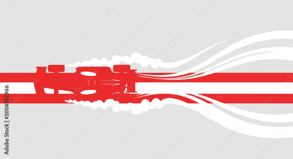 Fototapeta premium High-speed red formula racing car silhouette in a dynamic vector illustration, leaving abstract white motion trails and smoke on a light grey background.