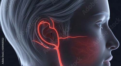 Medical illustration shows inflamed blood vessels on the side of a human head