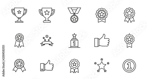 Foto Winning and success outline icon set with trophy crown and thumbs up editable st
