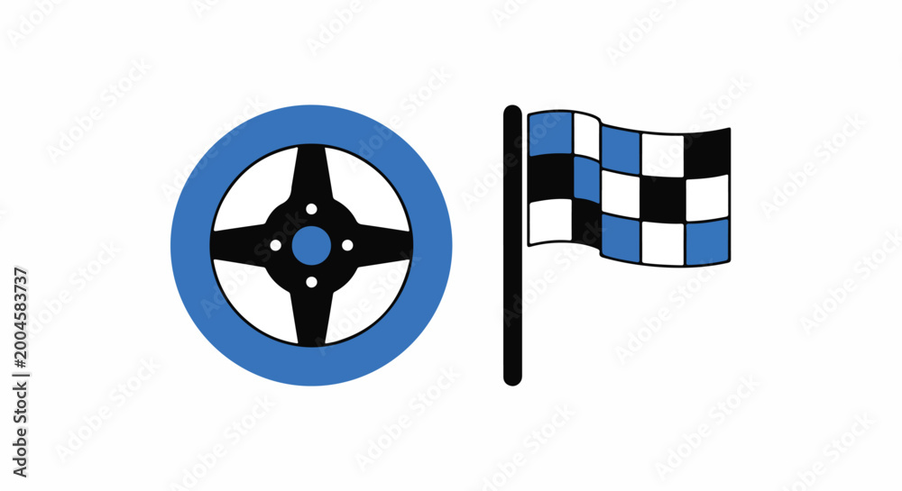 Fototapeta premium Racing steering wheel and checkered flag icon on a white background, symbolizing speed, competition, and victory.