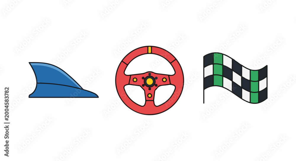 Fototapeta premium Set of icons: shark fin, racing steering wheel, and checkered flag, representing speed, competition, and victory.