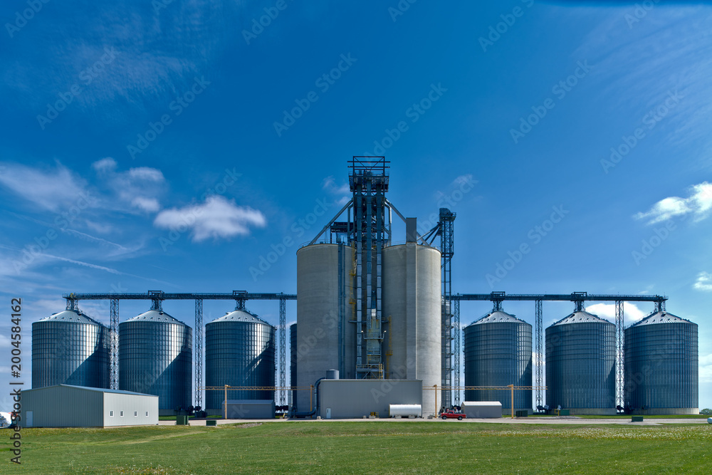 Fototapeta premium Visible from the distant horizon, the symmetry of the silver silos stand as sentinels over the agricultural heartland.