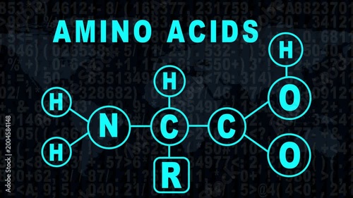 Amino acid chemical structure formula with digital data 4k background, for science and education