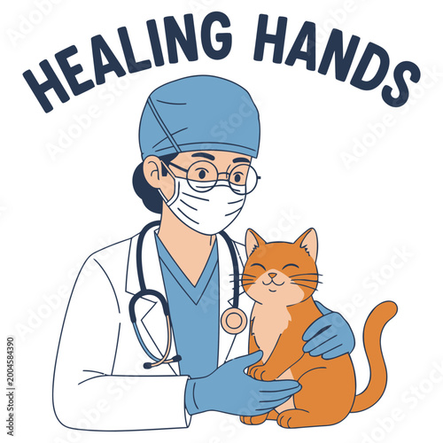 Doctor wearing mask and glasses holding a happy cat with text healing hands overlay.