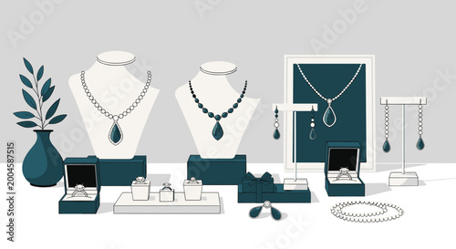 Elegant jewelry shop display featuring various necklaces on busts, rings in boxes, and earrings on stands in a sophisticated palette.
