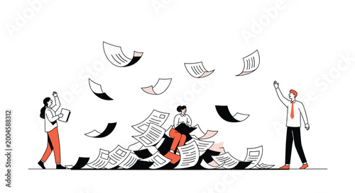 Business team overwhelmed by paperwork as loose pages fly around them in a conceptual illustration of bureaucracy and workload stress.