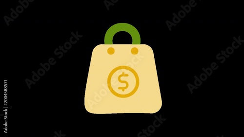 Yellow shopping bag with green handle and dollar sign on front