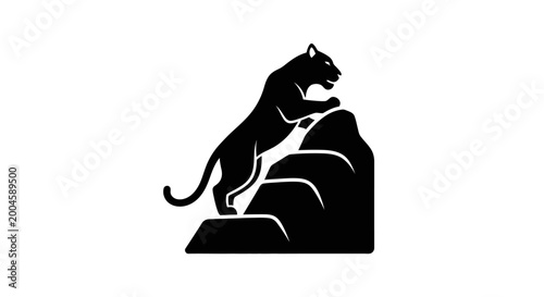 Schilderij op canvas A dynamic black silhouette of a powerful panther leaping onto a rocky outcrop against a white background
