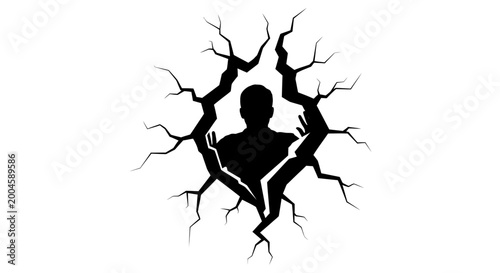 Foto A man in silhouette dramatically emerges from a pattern of radial cracks, symbolizing release, escape, breakthrough, or psychological liberation